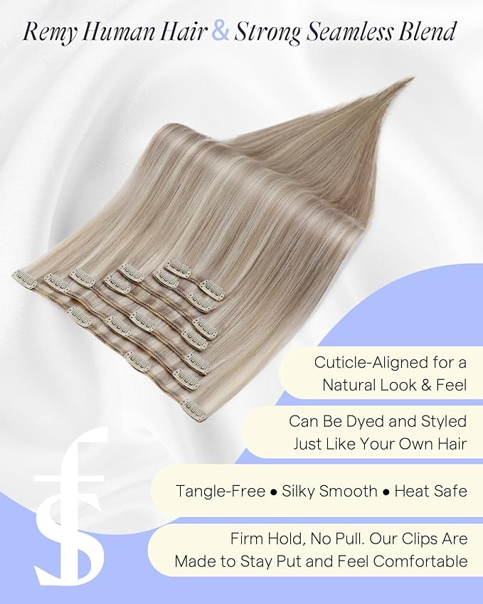 Full Shine Human Hair Clip in Extensions 24 Inch Ash Blonde Highlighted Platinum Blonde Long Thick Clip in Human Hair Extensions for Wedding 150 G 7 Pcs