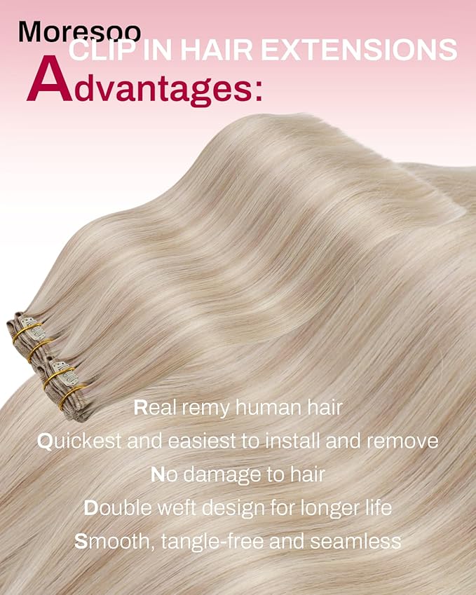 Moresoo Seamless Clip in Hair Extensions Human Hair Blonde Highlight Seamless Hair Extensions Clip ins Human Hair Cool Ash Brown with Bleach Blonde with A Hint of Pink 7pcs 120g 16inch