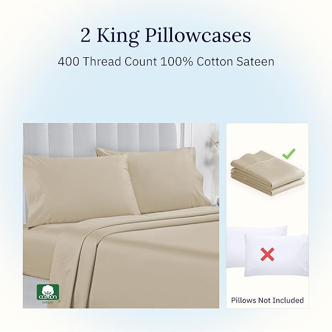 California Design Den Cotton King Pillowcase Set - 400 Thread Count, 100% Cotton Pillowcases, Set of 2 Pillow Covers, Soft and Breathable - Beige (Golden Tone)