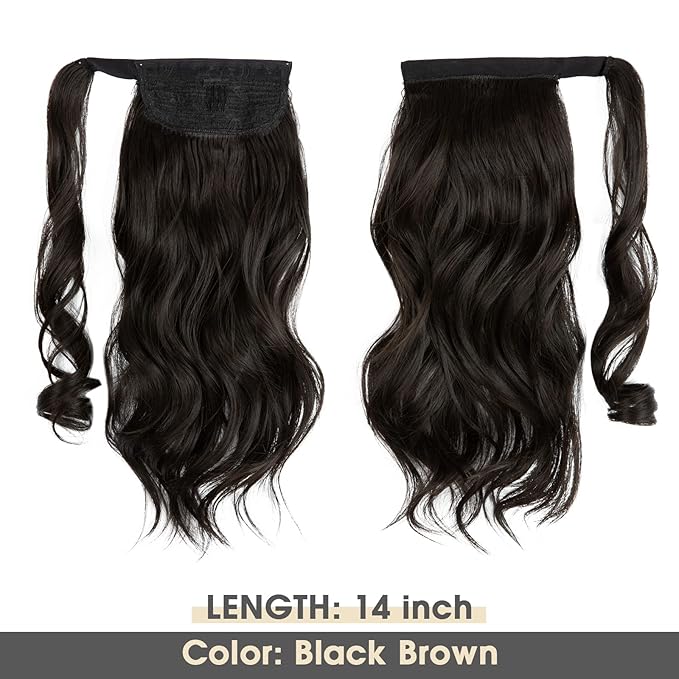 CJL HAIR 14" Short Ponytail Hair Extension Wrap Around Pony Tail Clip in Curly Wavy Synthetic Fake Hairpiece for Women Black Brown