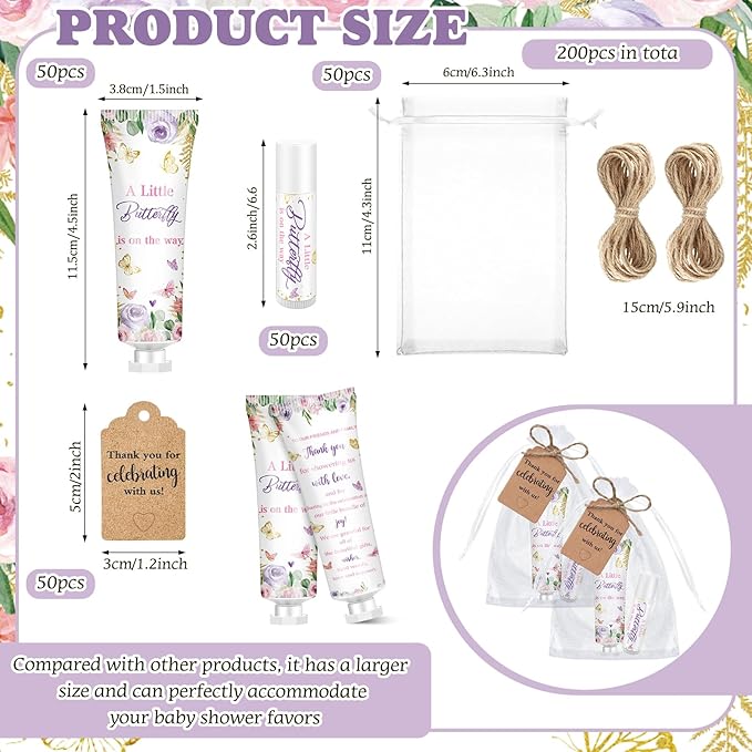 50 Sets 200 Pcs Baby Shower Hand Lotion and Lip Balm Gift Theme Baby Shower Party Favors Travel Size Hand Lotion and Lip Balm Bulk with Organza Bags Tags(Butterfly)