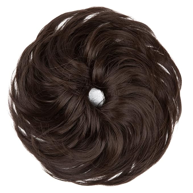 SARLA Messy Hair Bun Hair Pieces Curly Synthetic Updo Fake Scrunchies Ponytail Extension for Women Dark Brown 1PCS