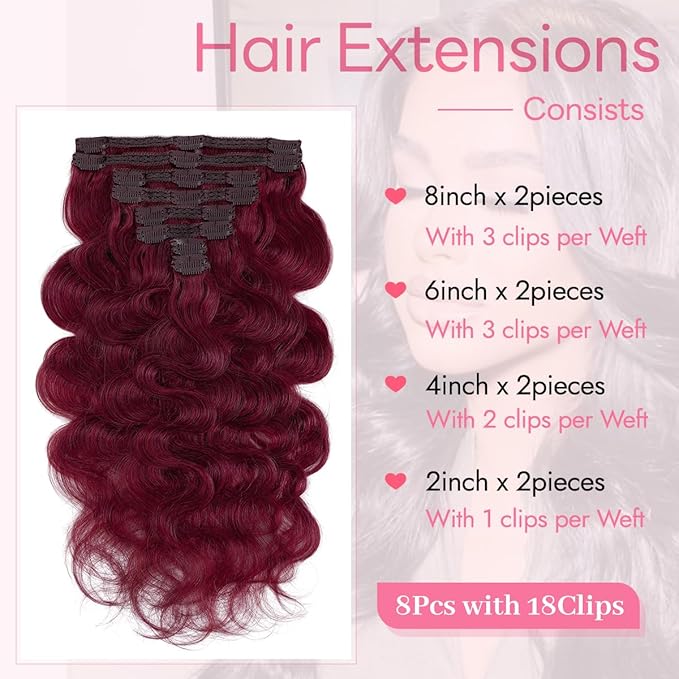 Clip in Hair Extensions Real Human Hair Body Wave 99J Burgundy Clip in 100% Brazilian Remy Human Hair Extensions 8pcs Per Set with 18 Clips Double Weft 22 Inch 110g/3.6oz