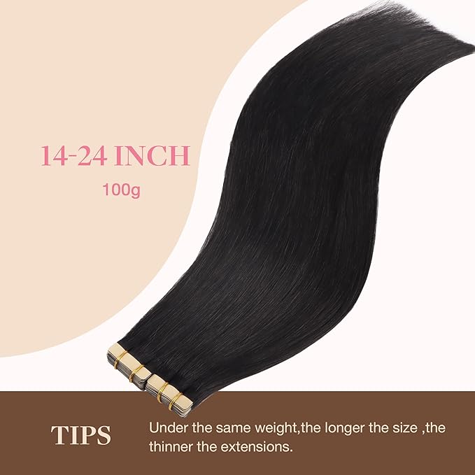 GOO GOO Tape in Hair Extensions Human Hair, 1B Natural black, 10inch 60g 40pcs, Skin Weft Seamless Invisible, Silky Straight with Thick Ends, Remy Human Hair