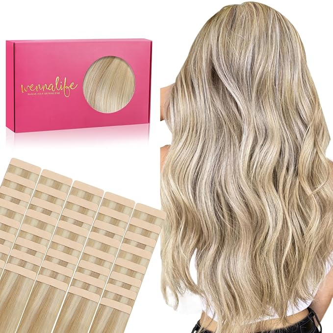 WENNALIFE 40pcs Tape in Hair Extensions Human Hair, 80g 12 inch Dirty Blonde Highlighted Bleach Blonde Hair Extensions Real Human Hair Straight Tape in Extensions Invisible Human Hair Extensions