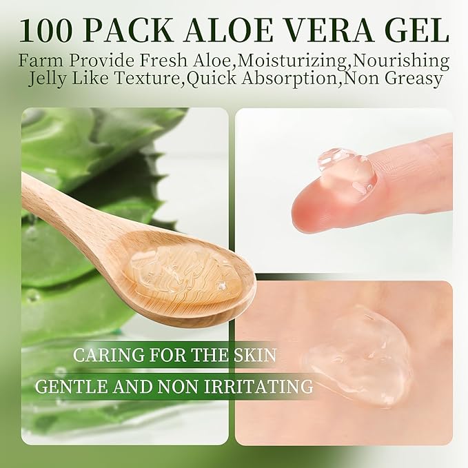 100 Pack Bulk Aloe Vera Gel, 99% Pure Aloe Vera Gel for Face, Hair, Skin, Body, Sunburn Relief, Hydrating Aloe Gel Travel Size Suitable for All Skin Types, Aloe Gel for After Sun Skin Care Relief