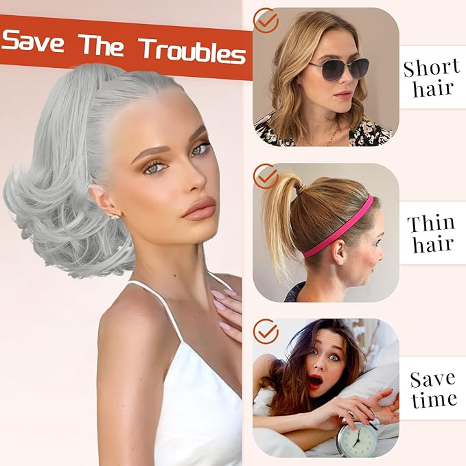 KooKaStyle Ponytail Extension, 10" Short Claw Clip in Pony Tails Hair Extensions Curly Wavy Synthetic Drawstring Halloween Hairpieces for Women(Light Sliver Grey)