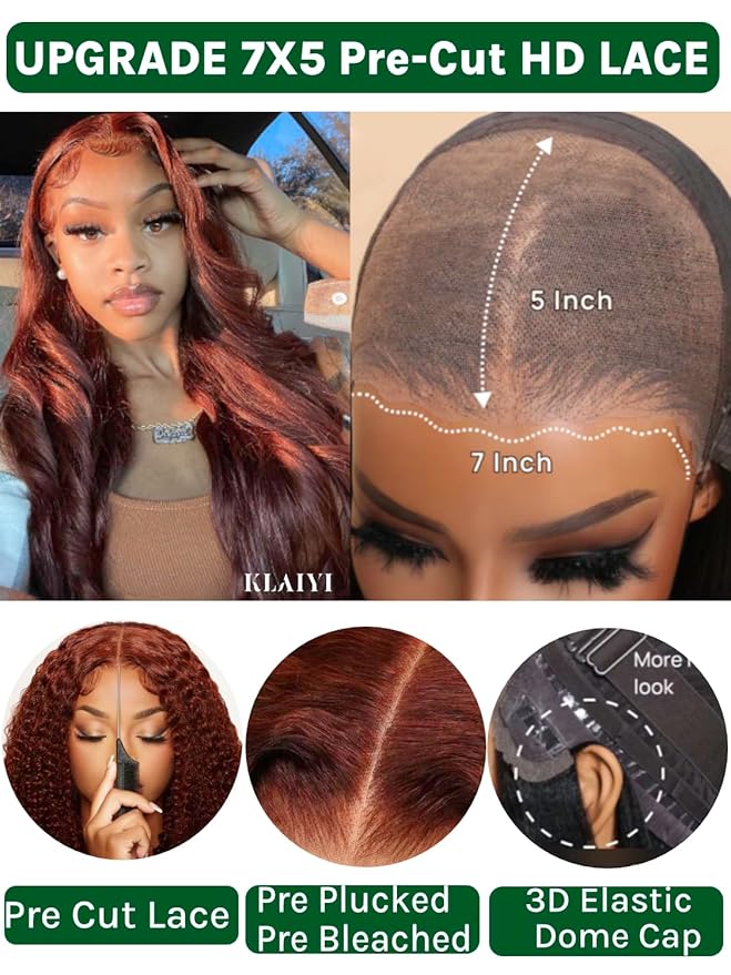 KLAIYI Bye Bye Knots Glueless Wig Reddish Brown Body Wave 7x5 Pre Cut HD Lace Front Wigs Human Hair Put On And Go Wig Pre Bleached Pre Plucked with Baby Hair 30S Ready To Wear 150% Density Full 26Inch