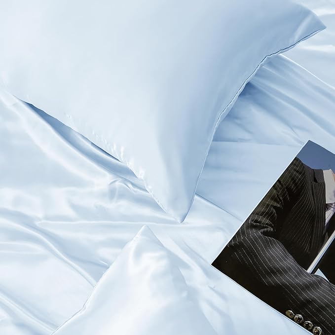 Light Blue King Size Satin Pillowcase Set of 2 with Envelope Closure,Light Blue Silk Pillowcase for Hair and Skin (20x36)