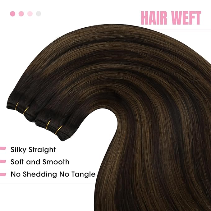 YoungSee Weft Hair Extensions Brown Balayage Straight Weft Hair Extensions Human Hair Ombre Sew in Extensions Dark Roots to Medium Brown Highlights Remy Hair 20Inch 100G