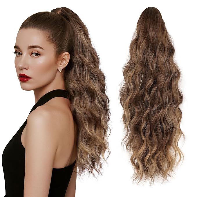 18" Ponytail Extension, Claw Clip Ponytail Extensions for Women Wavy Pony Tails Hair Extensions Fluffy Natural Looking Synthetic Hairpiece for Daily Use (Light Brown Mixed Honey Gold)