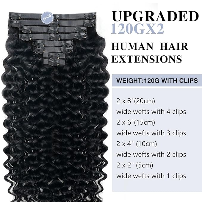Deep Wave Clip in Hair Extensions Real Human Hair 2 Pack 240g Seamless Clip in Hair Extensions for Women Full Max with 16Pcs PU Thin Weft 14inch Natural Black