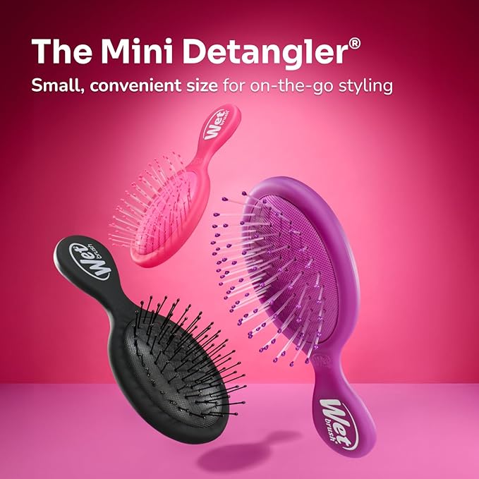 Wet Brush Mini Detangler Hair Brush for Gentle Knot Removal, Compact Travel Size, Soft Bristles for Pain-Free Detangling, Less Breakage, Works on All Hair Types, Limited Edition, Electric Sky Pink