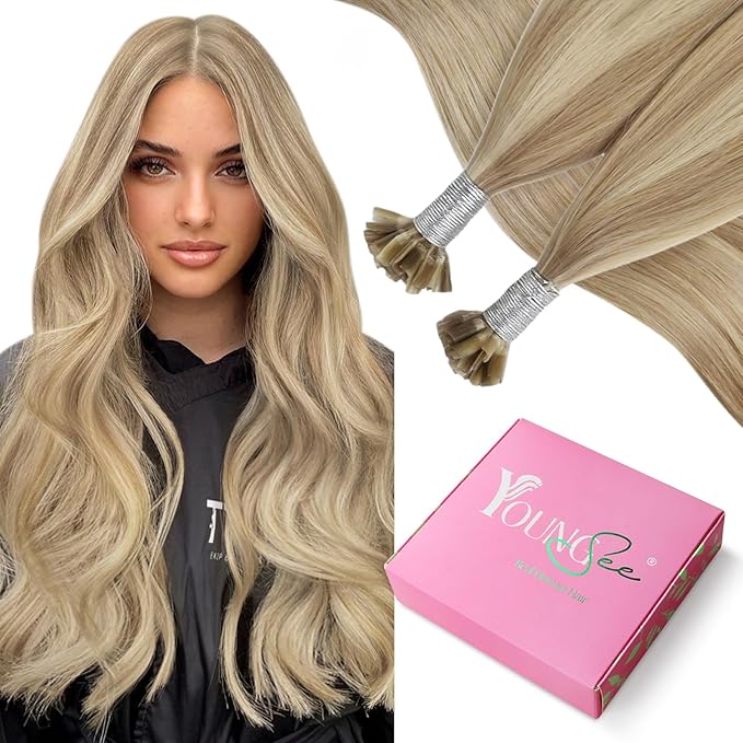 YoungSee U Tip Hair Extensions Highlight Golden Blonde and Medium Blonde Human Hair Utips Extensions for Thin Hair Highlight K Tips Human Hair Extension Silky Straight Hot Fusion 16inch 1G/S 50G