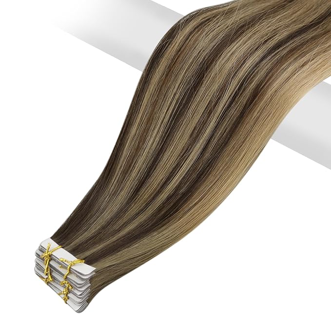 Full Shine Injection Virgin Tape in Hair Extensions Color BM Tape ins Human Hair Extensions Invisible Real Human Hair 20Inch Double Sided Brazilian Natural Straight Hair for Women 12.5G 5Pcs