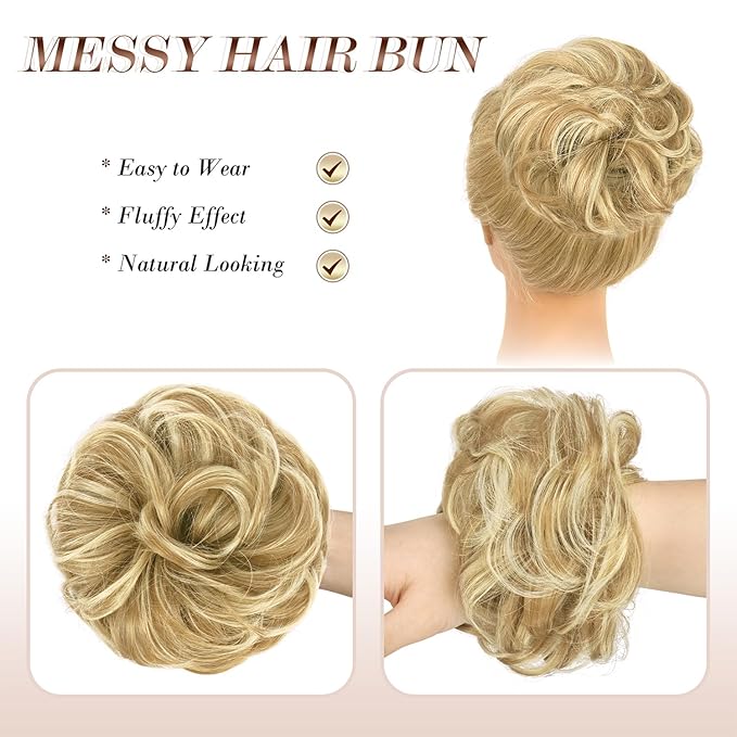 FESHFEN Messy Bun Hair Piece - Elastic Wavy Curly Hair Bun Scrunchies Extensions Synthetic Chignon Hairpieces for Women, Sunny Blonde 1.5 oz
