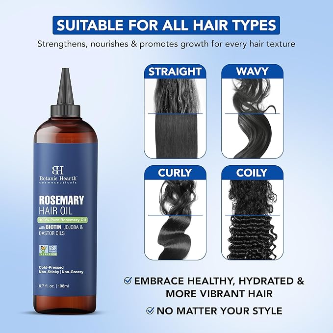 Botanic Hearth 100% Pure Rosemary Oil for Hair Growth (6.7 fl oz)| Infused with Biotin, Jojoba & Castor Oil | Hair Oil Repairs Dry Damaged Hair, Strengthening, Healthier Hair- Hair Tonic