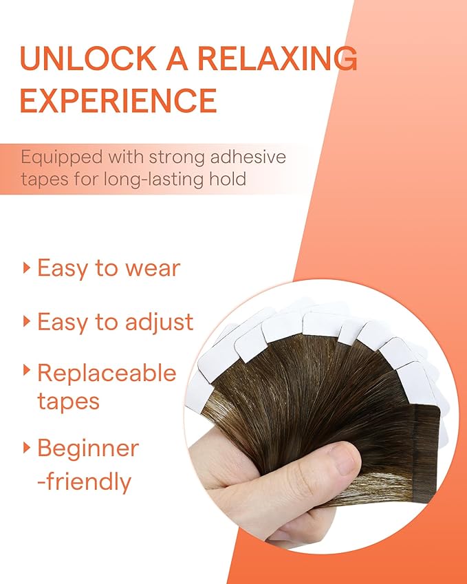 Sunny Hair Tape in Hair Extensions Real Human Hair Invisible Remy Hair Extensions Tape ins for Women Dark Brown Ombre Caramel Blonde Balayage 16 inch 25G