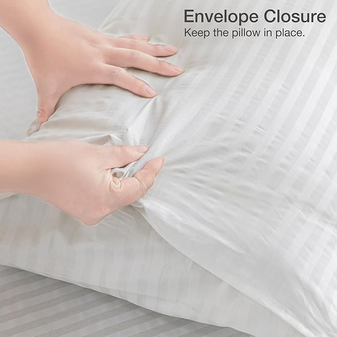 JELLYMONI 100% Natural Cotton Striped King Pillowcases Set, 2 Pack Satin Stripe Pattern Printed Pillow Covers with Envelope Closure (Pillows are not Included)