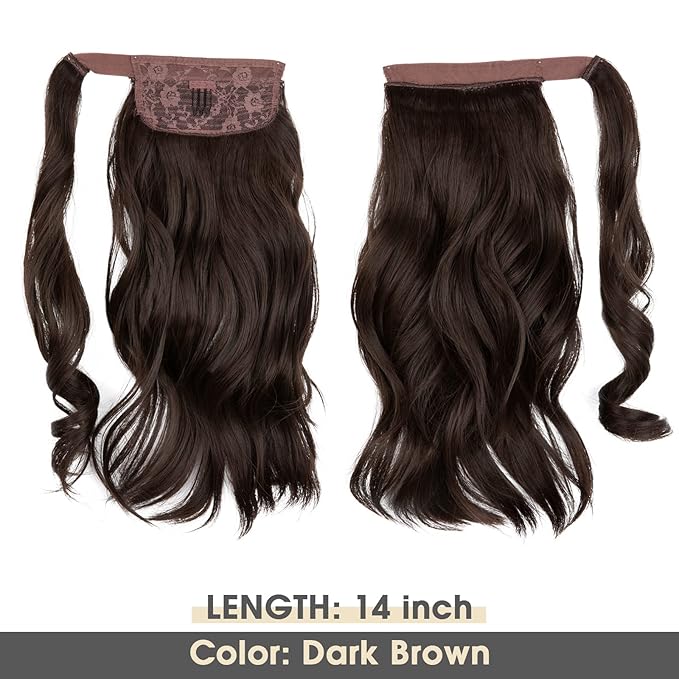 CJL HAIR 14" Short Ponytail Hair Extension Wrap Around Pony Tail Clip in Curly Wavy Synthetic Fake Hairpiece for Women Dark Brown