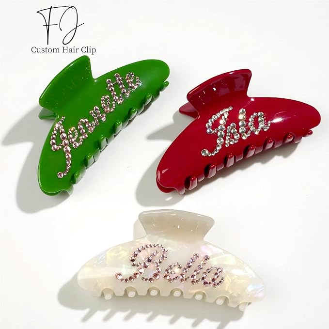 Personalized Colorful Name Hair Claw Clips for Women,Custom Hair Clips with Diamond,Cute Hair Accessories 4",Handmade Rhinestones Hair Clamp Gifts for Mom,Bride,Wife,Bridesmaid,Couples（Green）