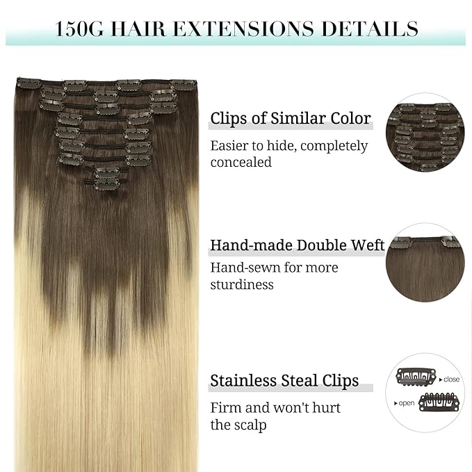 DOORES Clip in Hair Extensions Human Hair, Ash Brown to Platinum Blonde 150g 9pcs 20 Inch, Remy Hair Extensions Natural Extensions For Women Straight