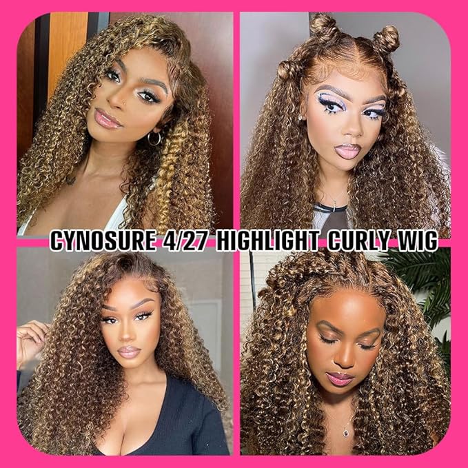 CYNOSURE 18 Inch Highlight Ombre Deep Curly Lace Front Wigs Human Hair 13x5 HD Transparent Lace Frontal Wig Honey Blonde Jerry Curly Wig Human Hair Pre Plucked 180 Density for Women