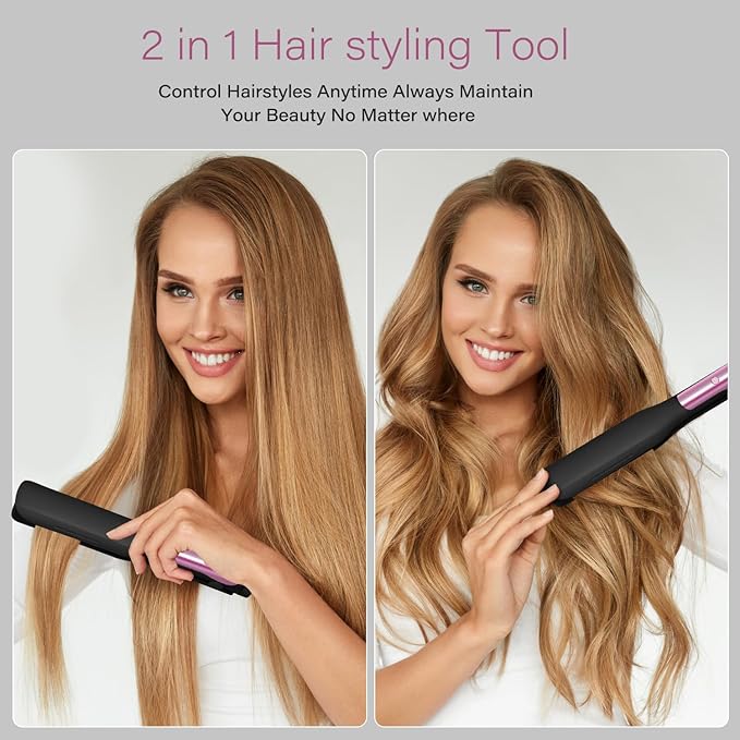 Hair Straightener, 1.25” Flat Iron and Curler 2 in 1, Ceramic Coating, Quick Heat Up, 4 Temp. Options, for All Hair Type, Less Frizz, Shinier and Smoother, Dual Voltage for Travel, Black