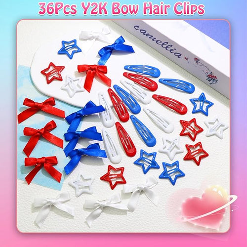 36Pcs 4th of July Red Blue White Bow Hair Clips Cheer Star Snap Hair Barrettes Water Drop No Slip Hair Clips for Women Small Hair Bows Star Bowknot Hair Accessories for Girls