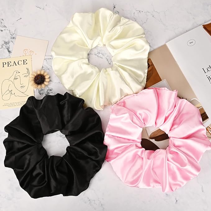 9.5 inch Silk Scrunchies - Jumbo & Giant Satin Scrunchies - Thick Elastic Fluffy Hair Ties for Women & Girls - 3 Pack (Black, Pink, Ivory)