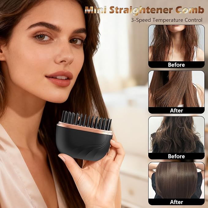 GlamBrushs Mini Hair Straightener, Rechargeable Wireless Portable Hair Straightener Brush, 3-Speed Temperature Control, Anti Scald Shell, Suitable for Home Travel (Black)