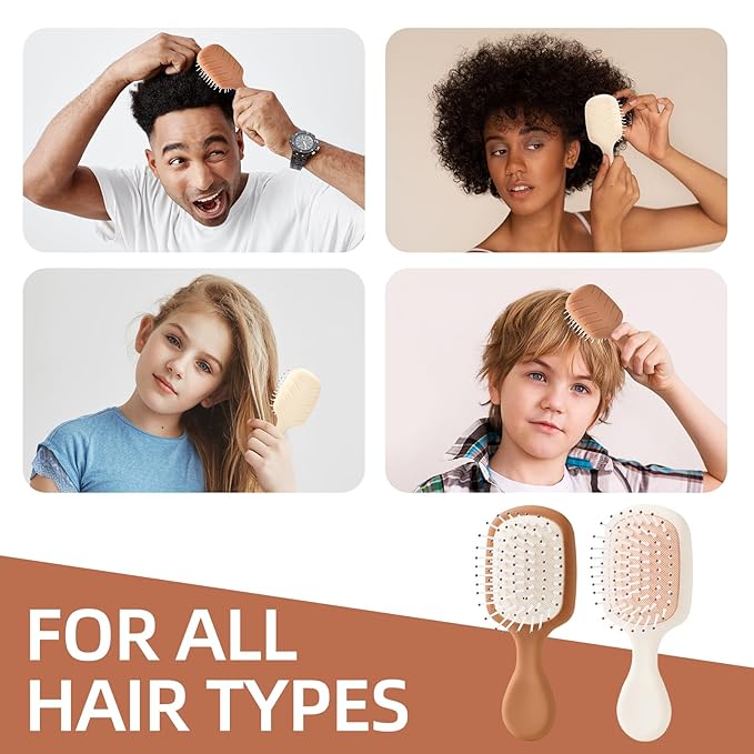Mini Hair Bursh for Women Men and Kids, Protable Travel Size Hair Brush for Pockets Purses, Mini Detangler Brush for All Hair Types, Small Paddle Brush for Detangling (Brown)