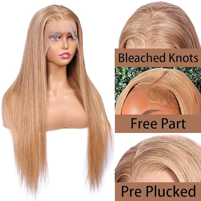 Honey Blonde Straight 13x4 Lace Front Human Hair Wigs with Baby Hair Pre Plucked Brazilian Virgin Hair Transparent HD Lace Frontal Wig for Black Women 180% Density 28 Inch