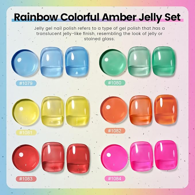 RARJSM Colorful Stained Glass Gel Nail Polish Set 6pcs Clear Crytal Blue Green Yellow Orange Red Neon Pink Series Transparent Sheer Amber Milky Gel Varnish LED UV Curing Requires French Manicure