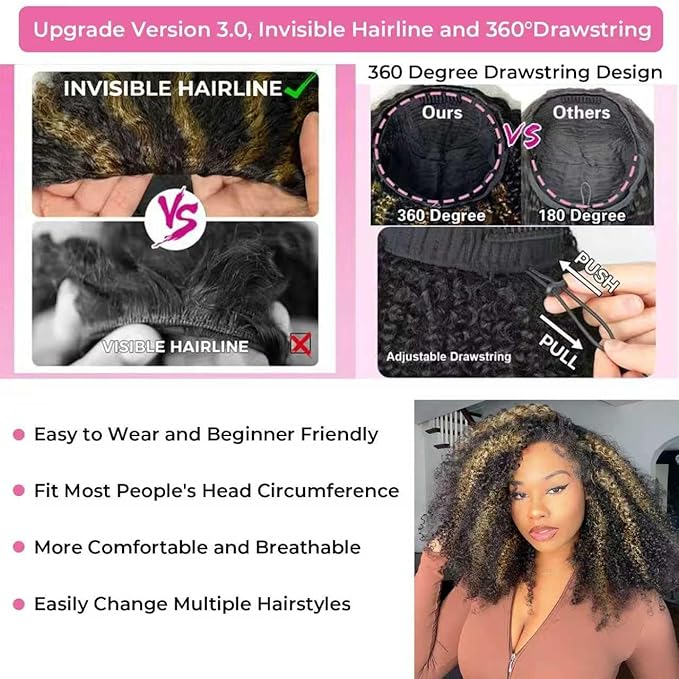 250% Density Curly Half Wig Human Hair Ombre Kinky Curly Wear Go Glueless Wigs Human Hair Balayage Highlight 3 In 1 Half Wig With Adjustable String Flip Over Beginner Friendly Invisible Hairline