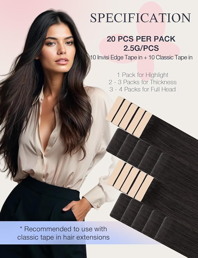 DOORES Invisi Edge Human Hair Tape in Extensions, Natural Black 10 Injection Tape-ins with 10 Classic Tape-ins 50g 18 Inch, Injection Tape in Extensions Virgin Human Hair Thick Ends