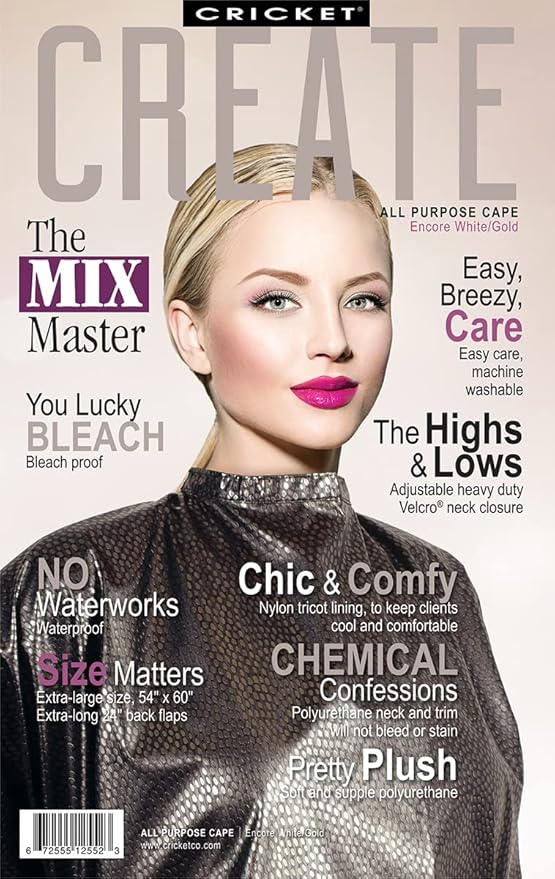 Cricket Encore All Purpose Professional Salon Cape - Waterproof, Bleach Proof, Adjustable Neck - Extra-Large Coverage, White Gold