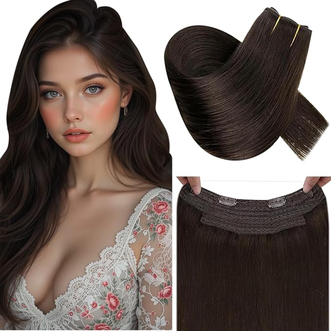 RUNATURE Invisible Wire Hair Extensions Human Hair, 14 Inch 70g One Piece, Brown Wire Hair Extensions Soft Natural Looking, Seamless Fish Line Hairpiece for Women #2 Dark Brown
