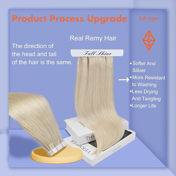Full Shine Tape In Hair Extensions Double Sided Human Hair Extensions Tape ins Silky Straight Color 60 Platinum Blonde Remy Hair 24 Inch Tape Ins 50G 20 Pcs Seamless Invisible Real Remy Extensions
