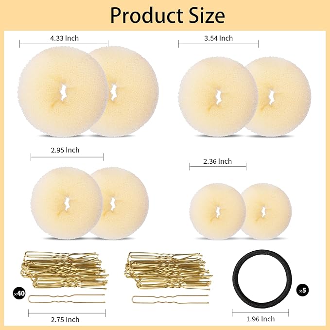FANDAMEI Hair Bun Maker Set- 8 PCS Hair Donuts for Buns (2 Extra-large,2 Large,2 Medium and 2 Small), 40 PCS Bobby Pins, 5 PCS Hair Elastic Ties Black,Bun Maker - Gold