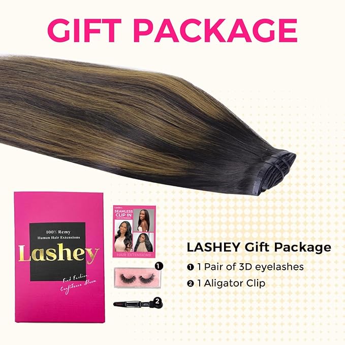 Lashey Seamless Clip in Hair Extensions Human Hair Straight 7Pcs 110g 16inch Natural Black Mixed Chestnut Brown Soft Flat PU Weft Clip ins Real Human Hair for Women