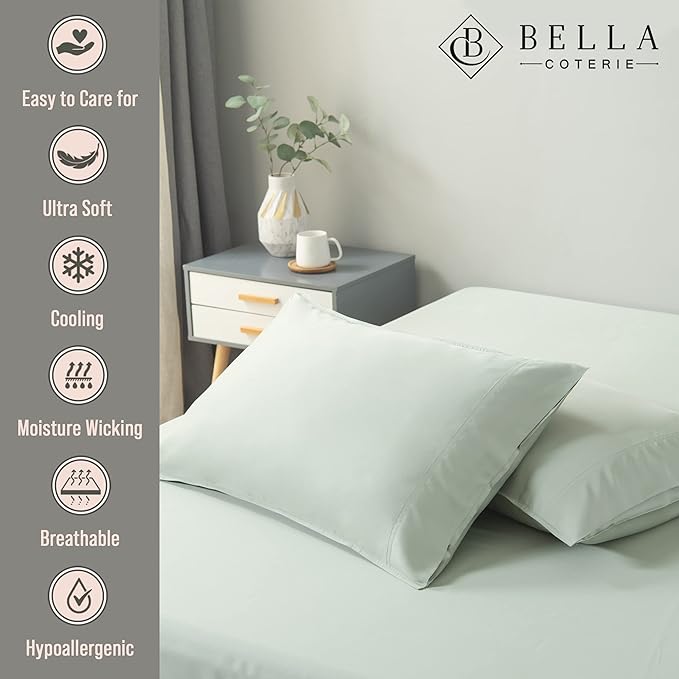 Bella Coterie | Luxury Bamboo Viscose Standard Size Pillowcase Set | 100% Organically Grown | Ultra Soft | Cooling | 2 Pcs [Sea Glass]