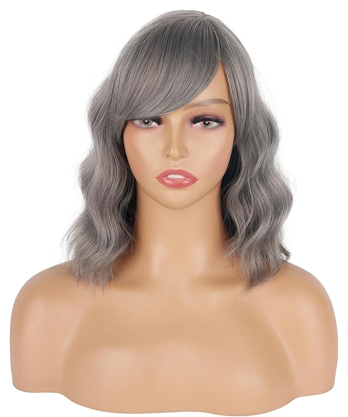 Short Gray Wavy Wigs For Black Women With Bangs - Synthetic Silver Grey Wavy Wigs For Daily Use