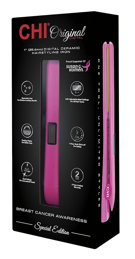 CHI Original Digital Ceramic Hair Straightener 1", Hairstyling Iron, Breast Cancer Awareness & Susan G. Komen Special Edition, Pink