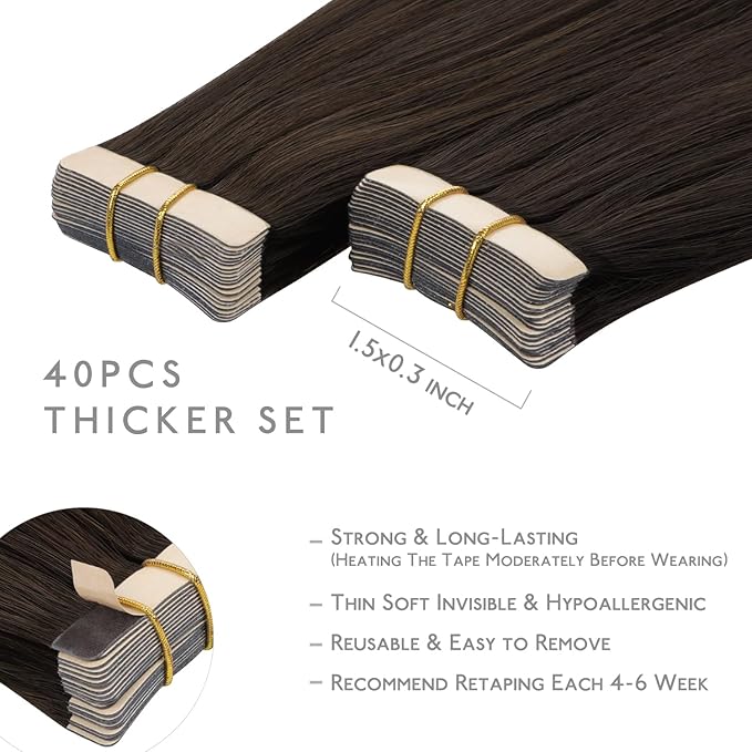 WENNALIFE Tape in Hair Extensions, 16 Inch Light Dark Brown Human Hair, 40pcs 100g Straight Invisible Real Hair Extensions