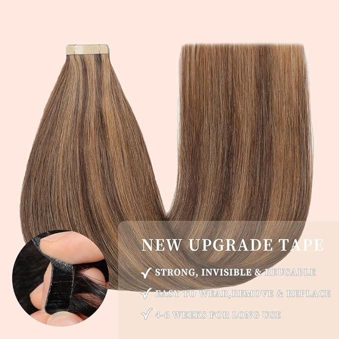 Tape in Hair Extensions Real Human Hair 24 Inch Darkest Brown to Medium Brown Double Sided Skin Weft Hair Extension Invisible Tape in Hair Extensions Remy Human Hair 20pcs (P2/10#,24 Inch)