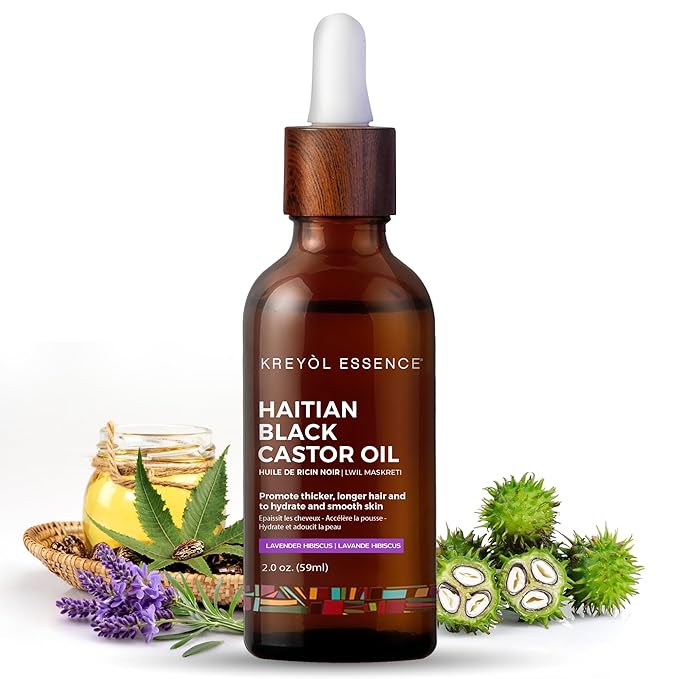 Kreyol Essence - Haitian Black Castor Oil for Skin and Hair, Glass Bottle - Cold Pressed | Hexane Free | Fuller-Looking Hair, Natural Humectant, Lavender Hibiscus. 2 Fl Oz