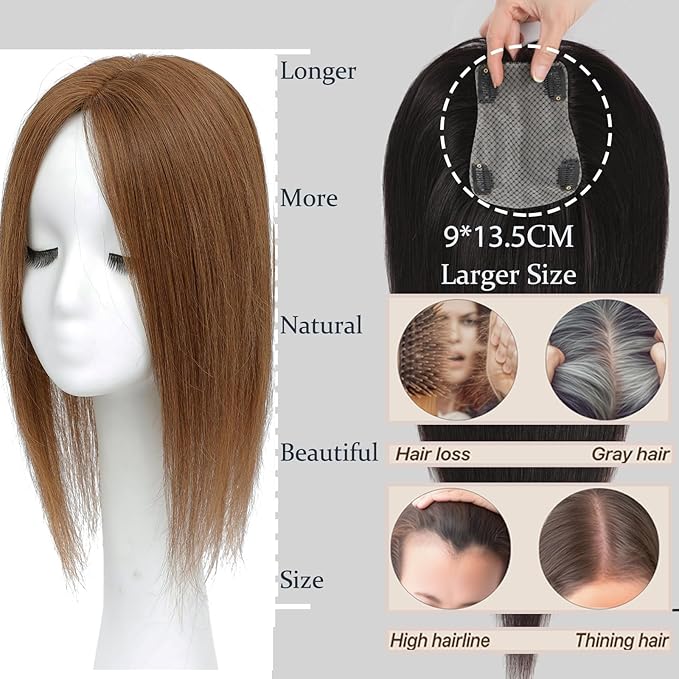 Hair Toppers for Women Real Human Hair, 360° 3D Human with Thinning Upgrade Middle Part Clip in Bangs Topper Hair Pieces for Women Daily (Light Brown, 16 Inch-3D-Side)