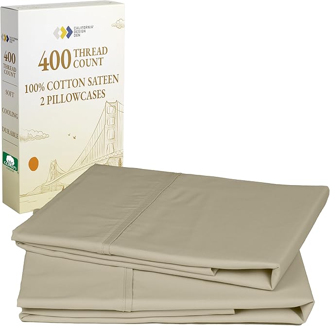 California Design Den Cotton King Pillowcase Set - 400 Thread Count, 100% Cotton Pillowcases, Set of 2 Pillow Covers, Soft and Breathable - Beige (Golden Tone)