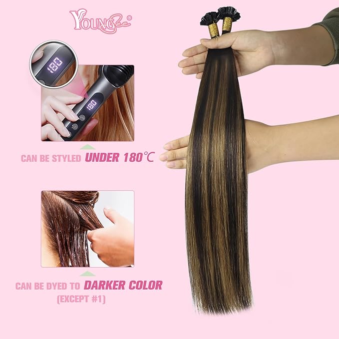 YoungSee Ktip Hair Extensions Balayage K Tip Human Hair Extensions Dark Brown with Medium Brown 14Inch Short 50s/50G